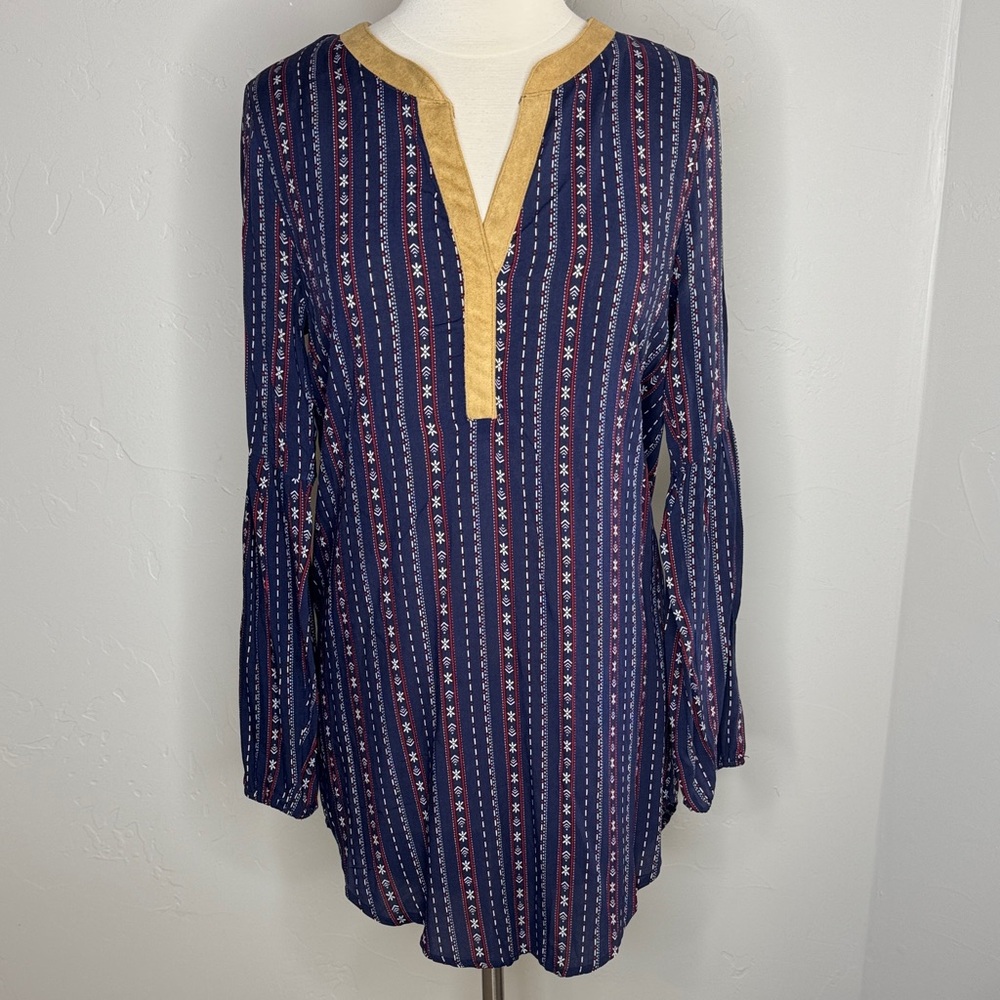 Umgee Tribal Boho Navy, Red & White stripe Tunic with Faux Suede Trim